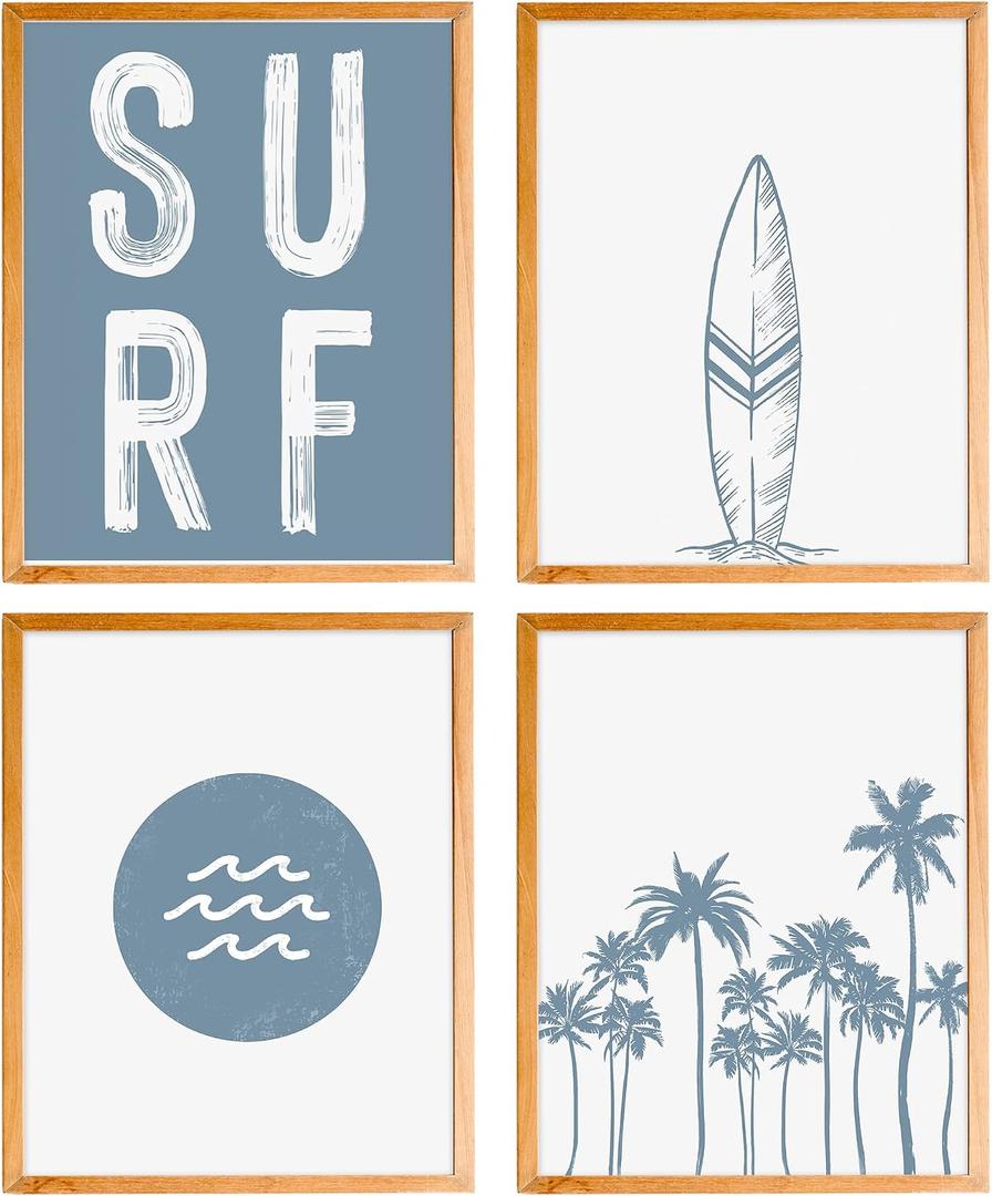 BearCake Coastal Summer Beach Surfing Wall Art Set of 4, Surf Room Decor, Beachy Room Decor Aesthetic, Coastal Wall Decor, Nautical Wall Art Decor, Coastal Beach House Decor, 8x10 Inches