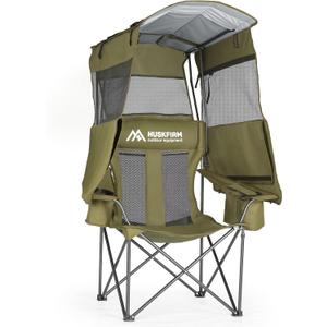 Huskfirm Camping Chair with Canopy Shade - Folding Beach Chair with UPF 50+ Sun Shade, Cup Holder, Side Pocket, Portable Sports Chair for Adults Support 330 LBS, Fishing Camp Outdoor Lawn Chair Green