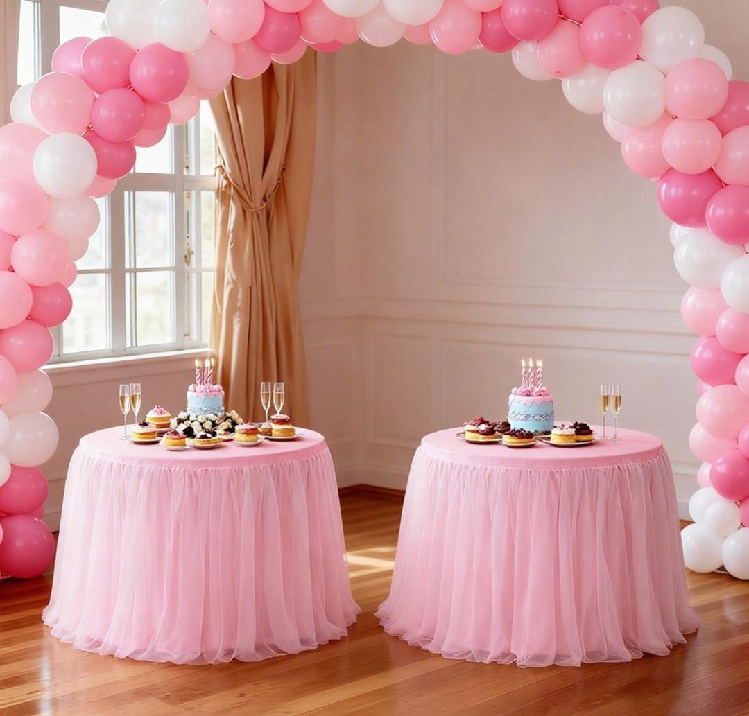 48-Inch Pink 2-in-1 Tulle Table Skirt for 4-Foot Round Table Stretch Spandex Fitted Cover, Light & Elegant with Ruffle, Wrinkle-Resistant For Wedding, Birthday, Baby Shower & Party Decor, 2Pack