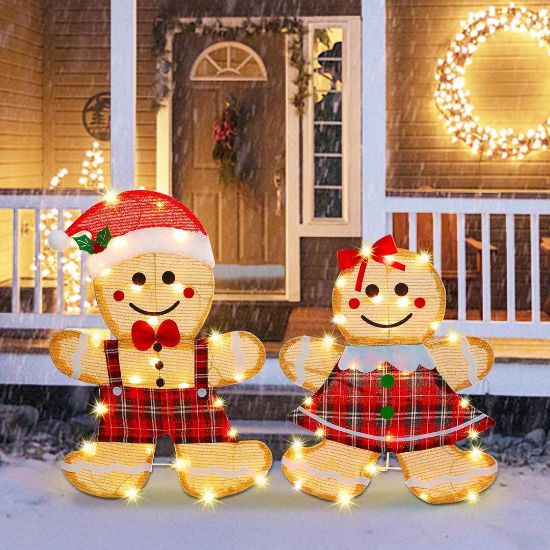 Joliyoou Christmas Yard Decoration, Set of 2 Pre-lit Gingerbread Man with 50 Warm White Lights, 2D Gingerbread Man Couple for Xmas Front Door Indoor Outdoor Lighted Holiday Displays