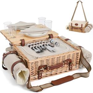 Multifunctional Wicker Picnic Basket Set for 4 with Blanket and Picnic Table, Insulated Picnic Set with Full Tablewares for Camping Outdoor Couples, Natural
