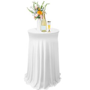 Tegeme 1 Pack 32 x 43 Inch Round Spandex Cocktail Tablecloths with Skirt Cocktail Round Table Cover Spandex Stretch Tablecloth for Fitted High Top Table Bar Wedding Party Banquet (White)