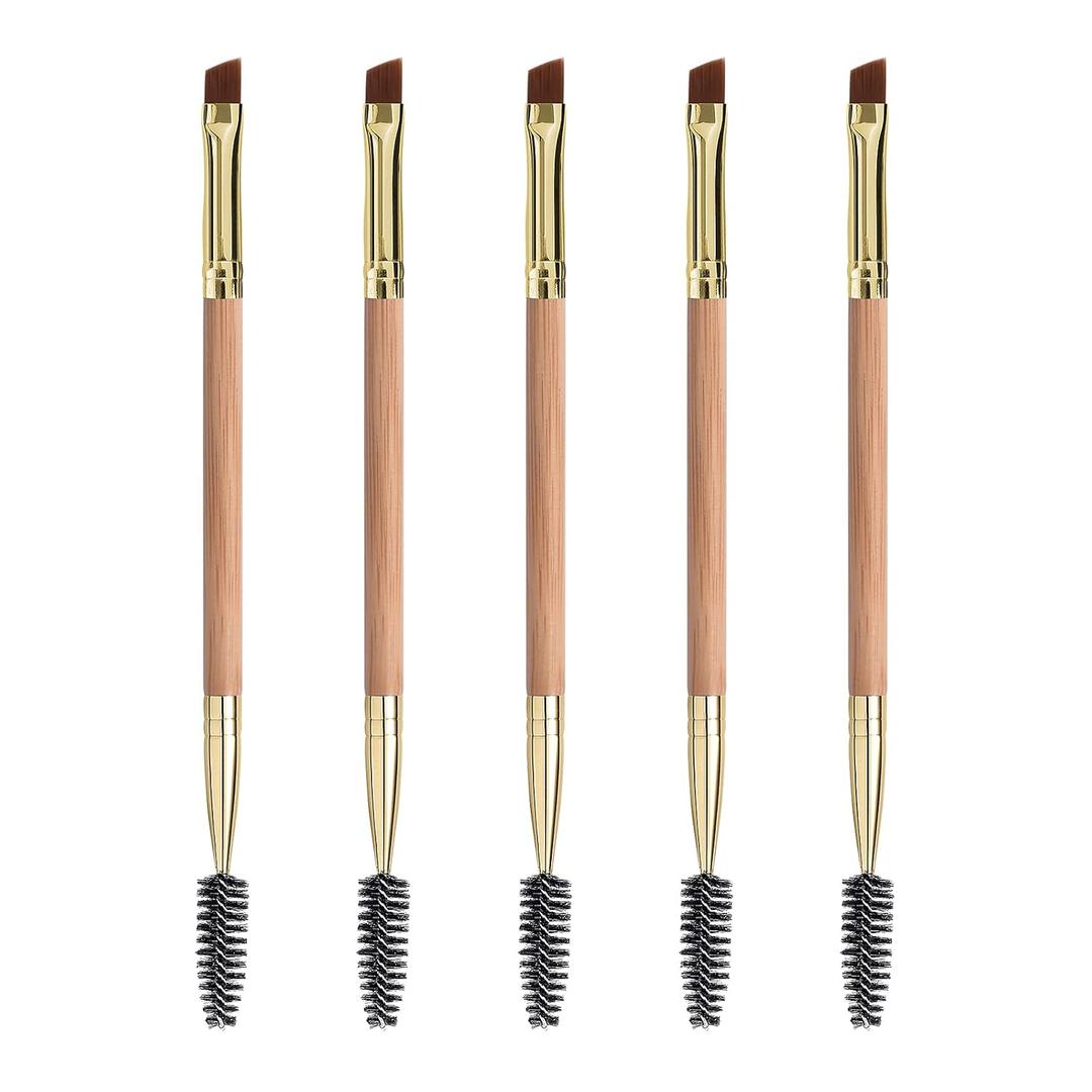 Duo Eyebrow and Eyelash Brush Set - Spoolie and Angled Brow Brush for Eye Makeup (5pcs, Yellow)