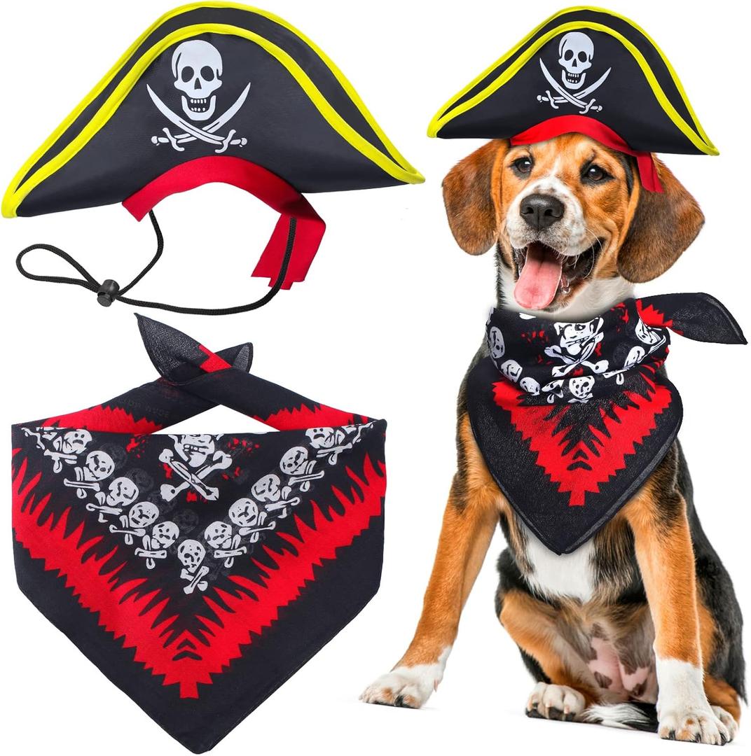 2 Pieces Skull Print Pet Pirate Hat with Pirate Skull Bandana Dog Cat Captain Cap Halloween Pirate Cosplay Costume Halloween Party Hat Dress Up Costume Accessories (C)