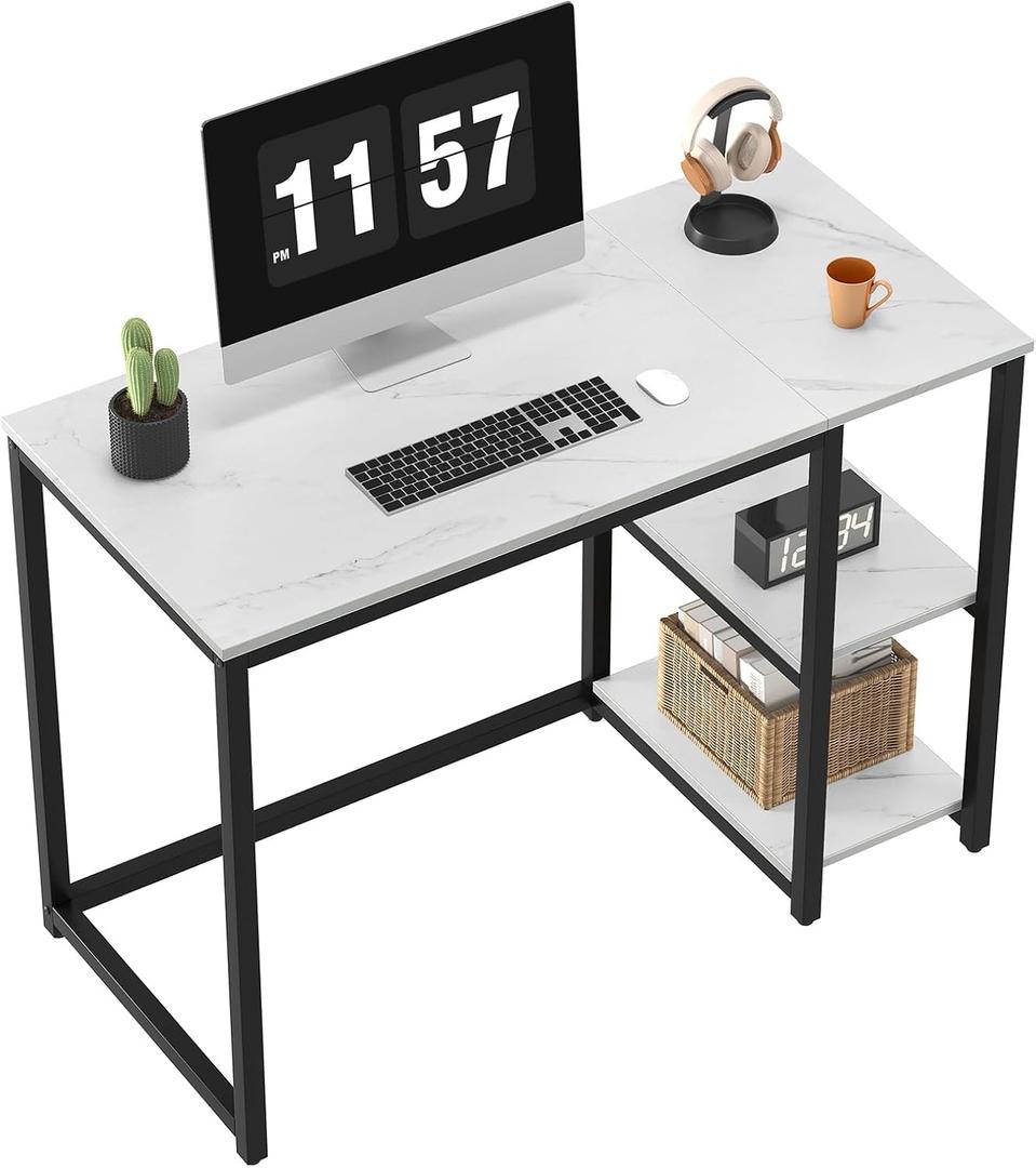 SINPAID Computer Desk 40 inches with 2-Tier Shelves Sturdy Home Office Desk with Large Storage Space Modern Gaming Desk Study Writing Laptop Table, Black Marbling (White Marble, 40 inch)