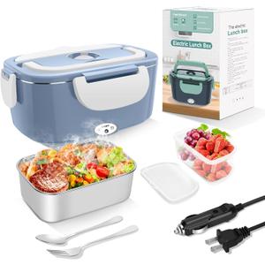 Electric Heated Lunch Boxes Adults: 80W Electric Lunch Box Food Heated 12/24/110V 1.5L Heatable Lunch Box for Car/Truck/Office Leak-Proof Stainless Steel Container,Fork & Spoon,Bag (Light Blue+White)