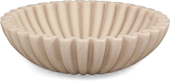 LIN CHUAN Ruffle Decorative Bowl, Large Fruit Bowl for Kitchen Counter, Stylish Key Bowl for Entry Table, Handcrafted Home Decor Display bowl, Artificial Stone Beige