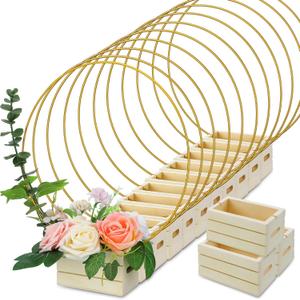 FoldTier 24 Pcs Metal Floral Hoop Centerpiece with Stand for Tables - Includes Gold Wreath Rings and Wooden Stands for DIY Wedding Baby Shower Communion Baptism Birthday Party Decoration (12 Inches)