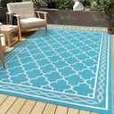 IDEALHOUSE 10x14 ft Reversible Outdoor Rug, Waterproof Plastic Straw Patio Mat, UV Resistant Easy-Clean Outdoor Area Rug with Bound Edges, Foldable Camping RV Deck Porch Balcony Picnic Rug, Teal/White