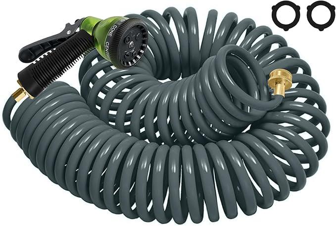 Coil Hose 25FT EVA Coil Garden Hose With 3/4'' Brass Connector Coiled Water Hose Lightweight And No Kink Includes 7 Patterns Spray Nozzle For Outdoors Lawn Watering Car Washing