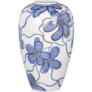 Blue and White Ceramic Vase for Home Decor  Hand-Painted Porcelain Flower Vase with Gold Accents  Chinoiserie-Inspired Home Decor Vase  11" for Table, Shelf, or Mantel