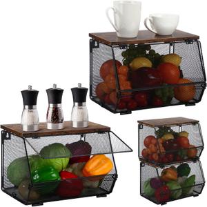 2 Pcs Stackable Metal Mesh Storage Basket with Wood Lid, Wall Mounted Hanging Basket Fruit Snack Vegetable Storage Container for Kitchen Counter Bathroom 7.1"w & 11.8"l(Black,Non-removable)