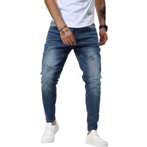 Woenzaia Mens Jeans Slim Fit Skinny Denim Stretch Tapered Jean Pants (Blue, L)