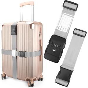 Luggage Straps, Grey TSA Approved Luggage Strap Belt with Combination Lock for Suitcases, 2 Pack Adjustable Heavy Duty Cross Suitcase Straps with Name Tags for Travel, Carry On Bags, Protect Luggage
