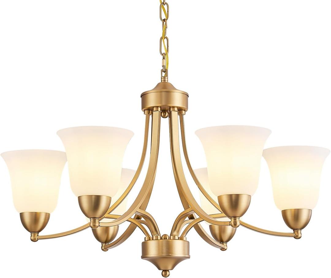 6-Light Gold Chandeliers for Dining Room with Frosted Glass Modern 47.2'' Ceiling Hanging Light Fixtures Classic Farmhouse Pendant Lighting for Kitchen Island, Dining Table, Adjustable Height