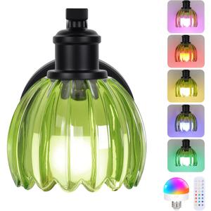 VerRon Rechargeable Battery Operated Wall Sconce with Green Glass Lampshade, Wireless Wall Scone Decor with Remote Control, 15 Colors Black Wall Light for Bedside Hallway Bedroom Doorway