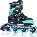 2PM SPORTS Vinal Girls Adjustable Flashing Inline Skates, All Wheels Light Up, Fun Illuminating Skates for Kids Men Adult Women and Boys (Large - Youth (4-7 US), Mint)