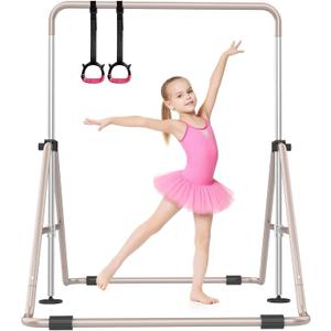 SHIWEI Gymnastics Bar for Kids, Gymnastic Kip Bar 5-Height Adjustable Home | Foldable, Indoor Outdoor Use, 140lb Capacity, for Ages 3-8, with Gymnastics Rings, Anti-Slip & Space-Saving Design