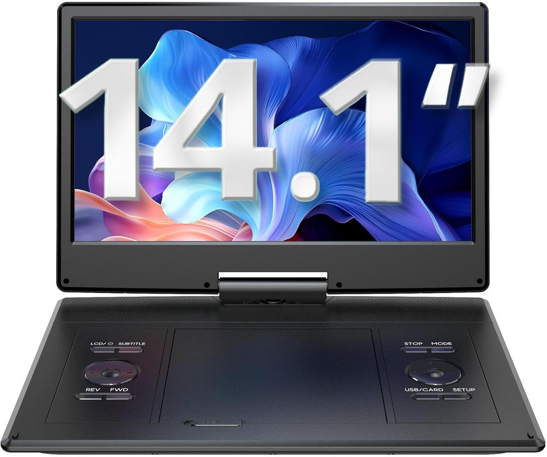 YOTON 16.9" Portable DVD Player with 14.1" HD Swivel Screen for Car, 4-6 Hours Playtime with Battery, Smart Memory Playback, USB/SD Support [Blu-ray Not Supported]