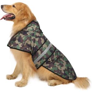 HDE Dog Raincoat Jacket Reflective Adjustable Hooded Pet Poncho Rain Coat with Leash Hole for Small to X-Large Dogs Camo - L