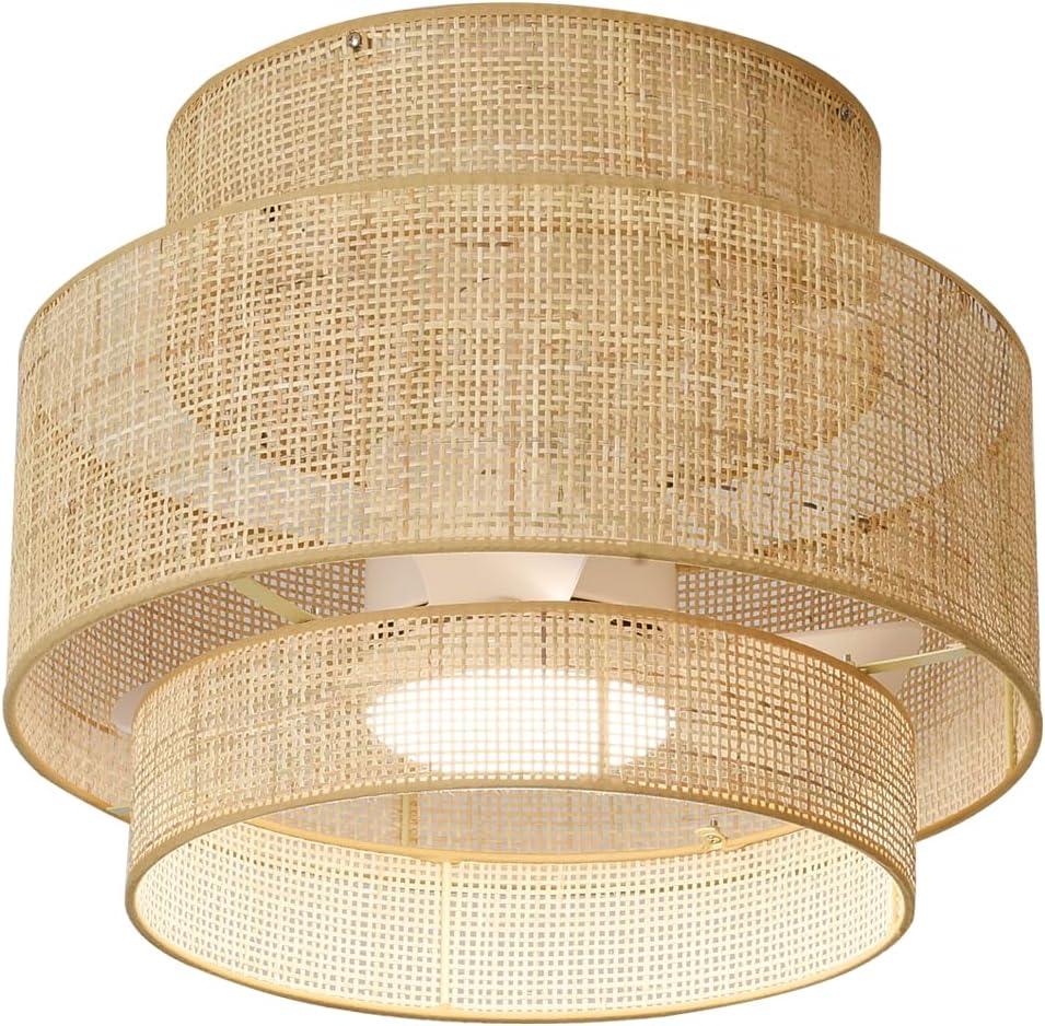 21 Inches DC Boho Bamboo LED Ceiling Fan with Light Fixture and Remote Control, Wicker Cage Small Rattan Caged 3 Blades Low Profile Dimmable Fandelier for Bedroom Kitchen Indoor Outdoor Room