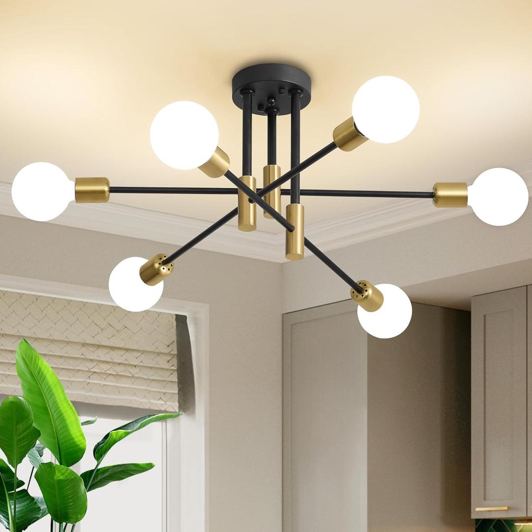 Modern Chandelier Ceiling Light Fixture, 6-Light Sputnik Dining Chandeliers 31.18"Gold&Black Chandelier Over Table, Mid Century Lights Fixture for Dining Room Living Room Kitchen Island(No Lampshade) (Black Gold)