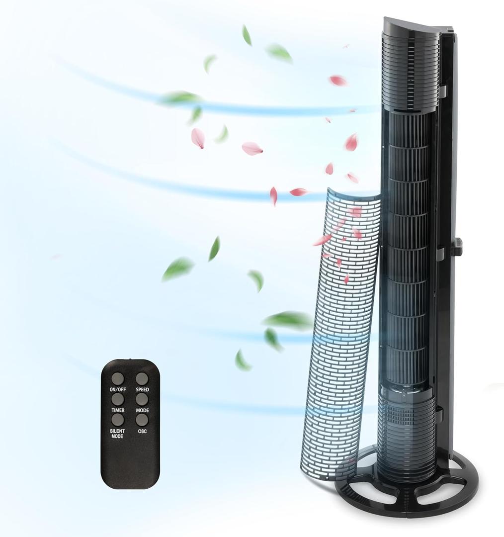 HealSmart 40 Inch Bladeless 60 Degree Oscillating Tower Fan with Aromatherapy Diffuser and Insertable Remote, Features with 38dB Low Noise Operating, 15H Timing, WIFI Control, Black