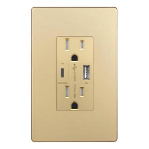 LIDER USB-C 36W Power Delivery Wall Outlet, Duplex Tamper-Resistant Receptacle with USB Type-C/USB Type-A Charging Ports, Interchangeable Face Cover, Modern, UL Listed, Wall Plate Included, Gold