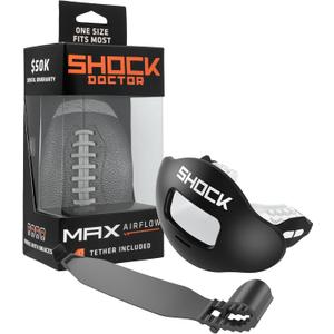Shock Doctor Lip Guard, Adult and Youth Mouth Guard Football with Strap, Breathable Wide Opening Football Mouthpiece for Youth and Adults OSFA, Shock Doctor Mouth Guards, Max Airflow (Black/White)