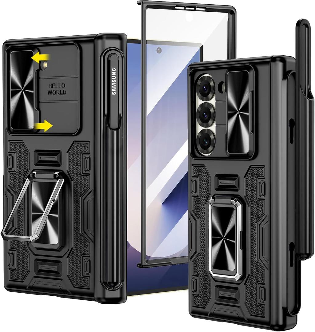 VEGO for Galaxy Z Fold 6 Case, [Removable S Pen Holder][Hinge Protection][360Ring Magnetic Kickstand][Slide Camera Cover][Front Screen Protector] Protective Case for Samsung Galaxy Z Fold 6 - Black