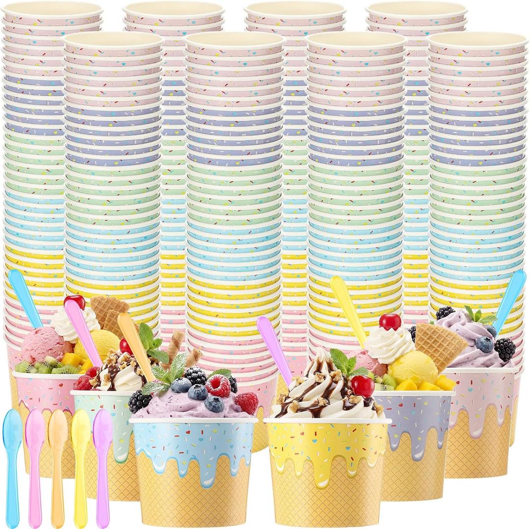 Jingmore 120 Set Paper Ice Cream Cups Bulk with Spoons 4 oz Disposable Sundae Bowls Colorful Paper Dessert Cups Containers for Snack Yogurt Soup Summer Bar Party Supplies