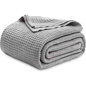 Bedsure Gentlesoft 100% Cotton Grey Blanket Queen Size for Bed - Cooling Breathable and Soft for Summer, Thick Cozy Waffle Weave Blanket Gifts for Women, 90x90 Inches