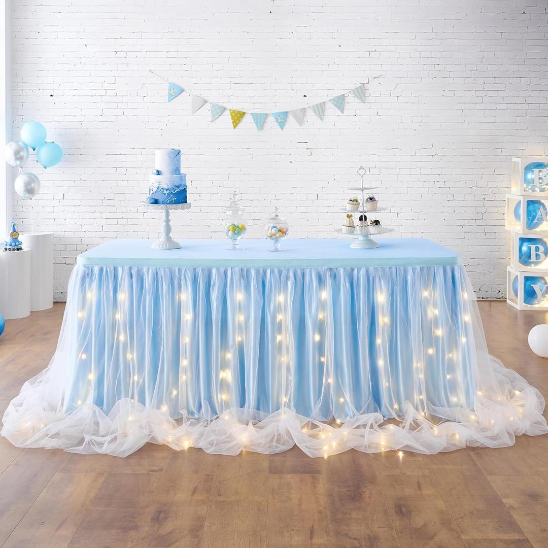 leegleri Baby Blue Tulle Tutu Table Skirt for Baby Shower Wedding and Birthday Party,LED Table Skirt for Rectangle Table (9 ft Table Skirt) (108" x 108" (Rectangular))