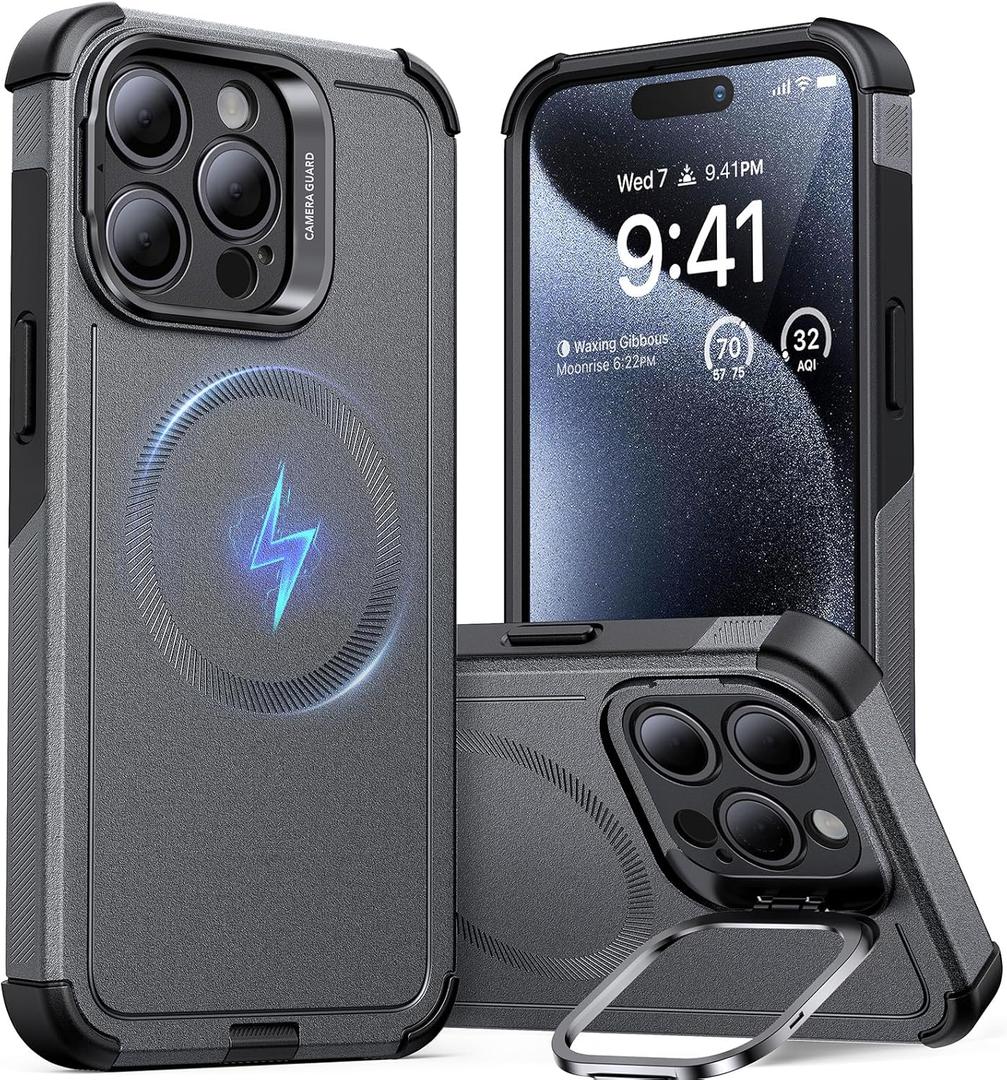 ESR for iPhone 15 Pro Case with Stand, 23 ft Military-Grade Drop Protection, Heavy Duty Magnetic Phone Case, Compatible with MagSafe Accessories, Cyber Series, Grey