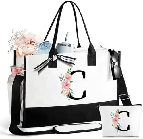 Mothers Day Gifts for Women Birthday Gifts for Women Large Initial Canvas Tote Bag Makeup Bag Beach Travel Shopping, Letter C