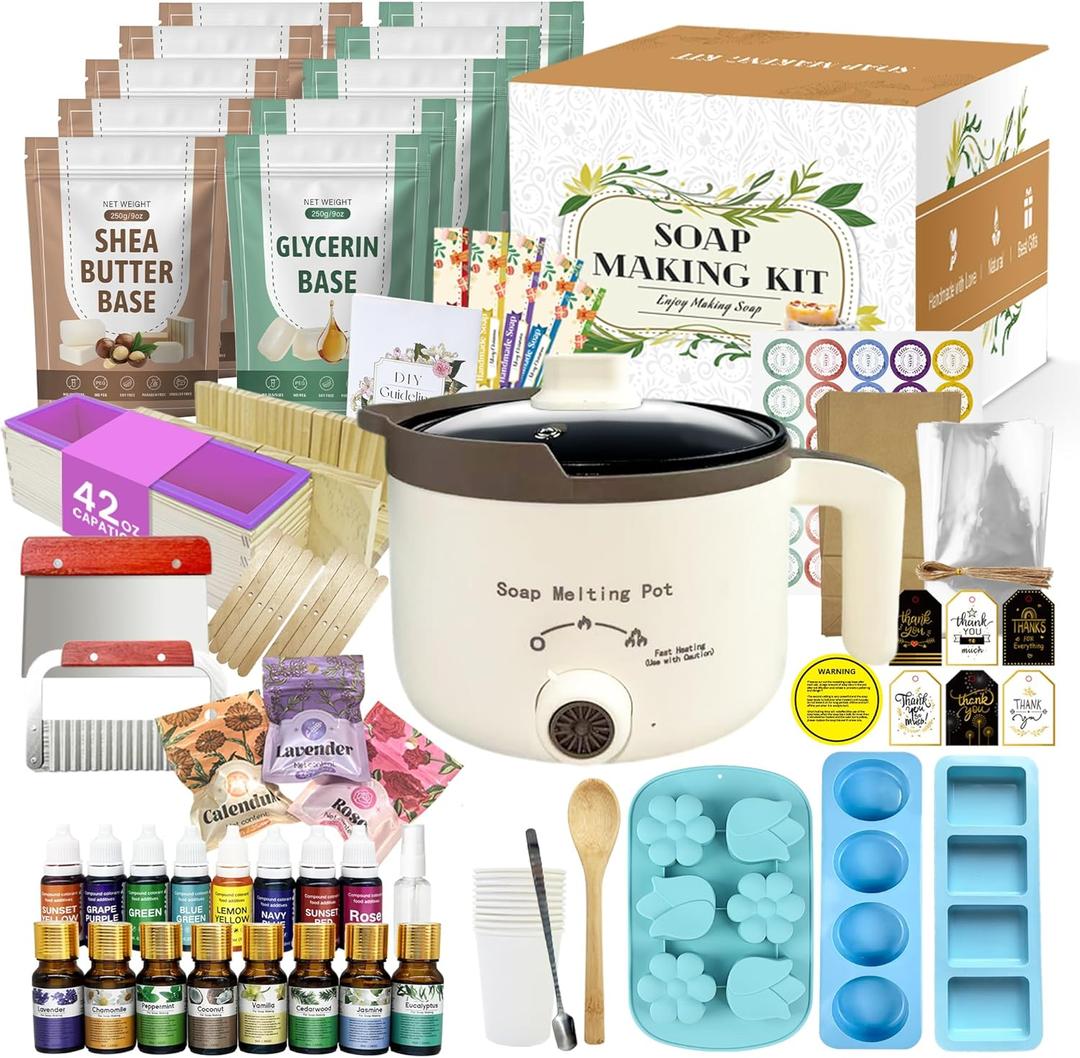 LFISGNN Deluxe Soap Making Kit for Adults DIY Soaps, DIY Soap Making Supplies Kits with Soap Melting Pot, Natural Soap Base, 8 Essential Oils, 8 Dyes, 4 Soap Molds, Packing and Supplies for Begineers