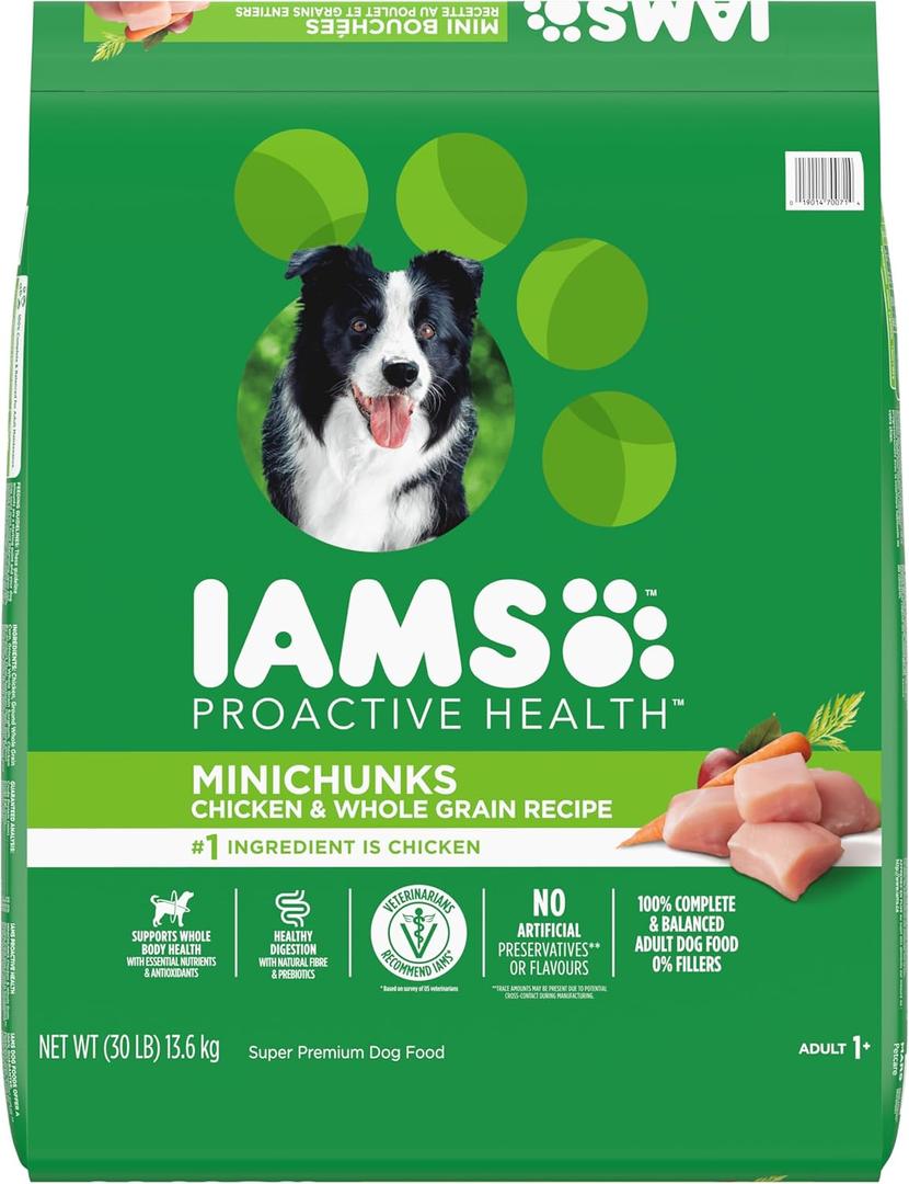 IAMS Proactive Health Adult Dry Dog Food, Chicken & Whole Grains, 13.61kg Vitamin E immune support, calcium for bones, complete & balanced, adult dogs, no fillers, grain free EXP: 10/15/2025