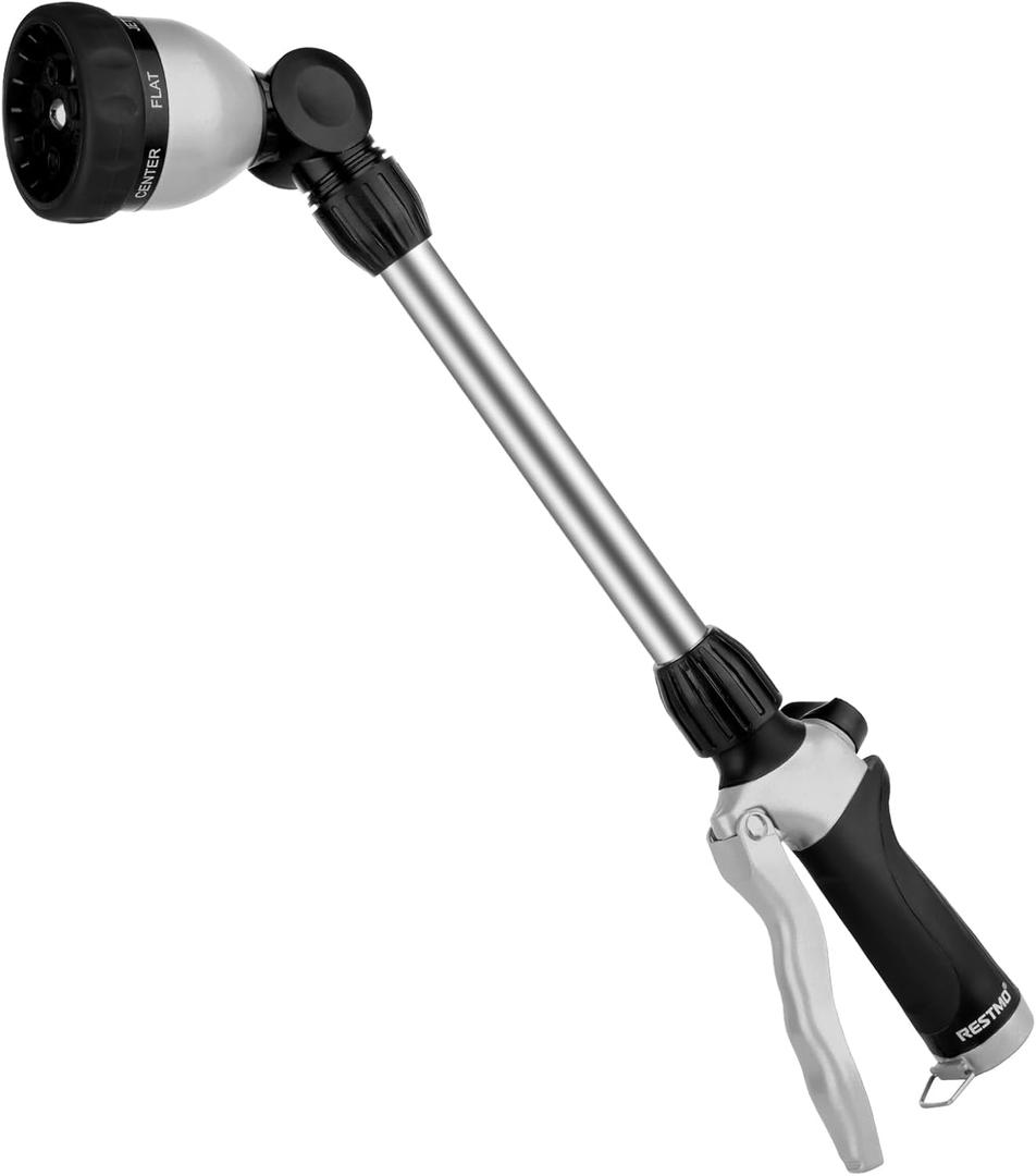 RESTMO Metal Watering Wand, Heavy Duty Garden Hose Wand with 180 Swivel Ratcheting Head, 16'' Hose Nozzle Sprayer with 7 Spray Patterns and Flow Control, for Water Hanging Baskets and Shrubs, Black