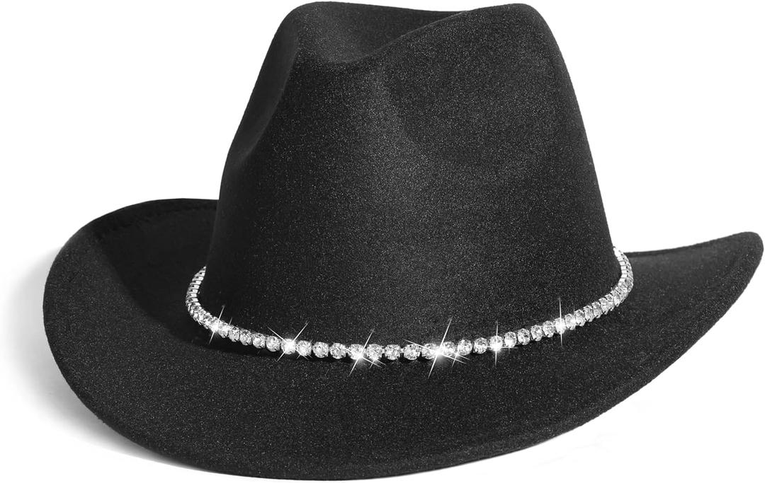 Gossifan Western Cowboy Hat for Men Women Fashion Fedora Hat with Bling Diamond Buckle Belt (Medium)