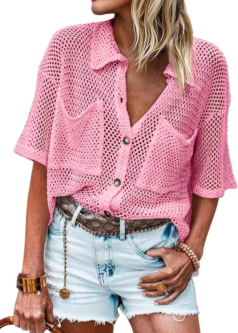 Fisoew Womens Crochet Lightweight Cardigan Sweaters Short Sleeve Summer Button Down Collared Loose Cover Up Shirts (Pink, M)