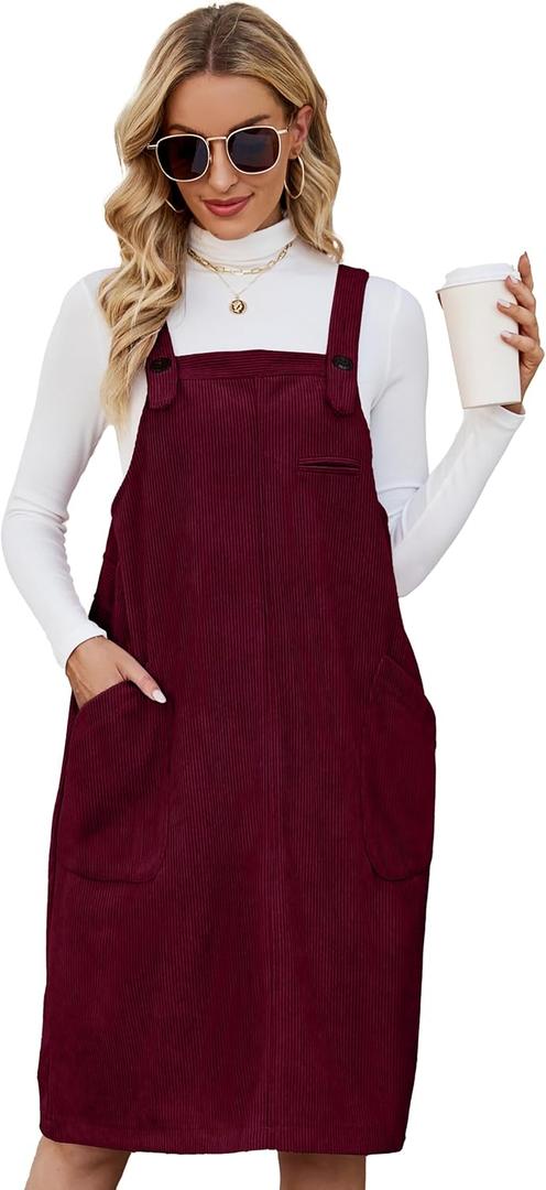 Flygo Women's Corduroy Jumper Overall Pinafore Midi Dress Skirt with Pockets (Medium, Burgundy)