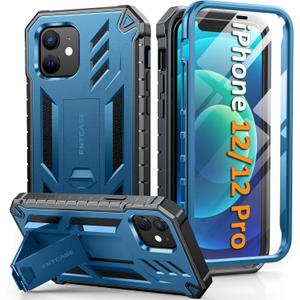 FNTCASE for iPhone 12 Phone Case: for iPhone 12 Pro Phone Case Military Grade Drop Proof Rugged Protective Cover with Kickstand | Matte Textured Shockproof TPU Hybrid Bumper Cases 6.1 inch - Blue