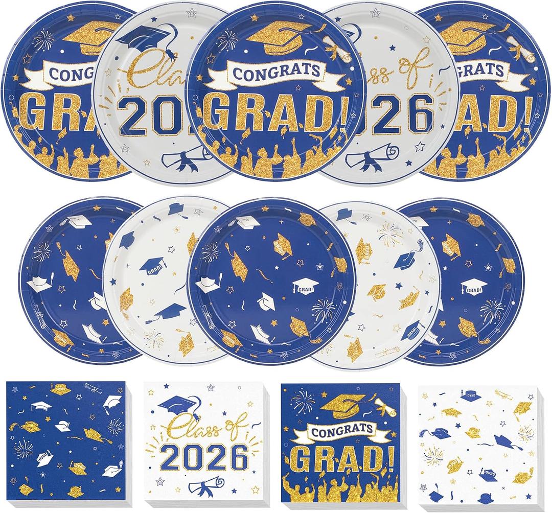 200Pcs Graduation Plates and Napkins 2026,Blue and Gold Graduation Decorations,Congrats Grad Plates Class Of 2026 Plates and Napkins for College High School Graduation Party, Serve 50