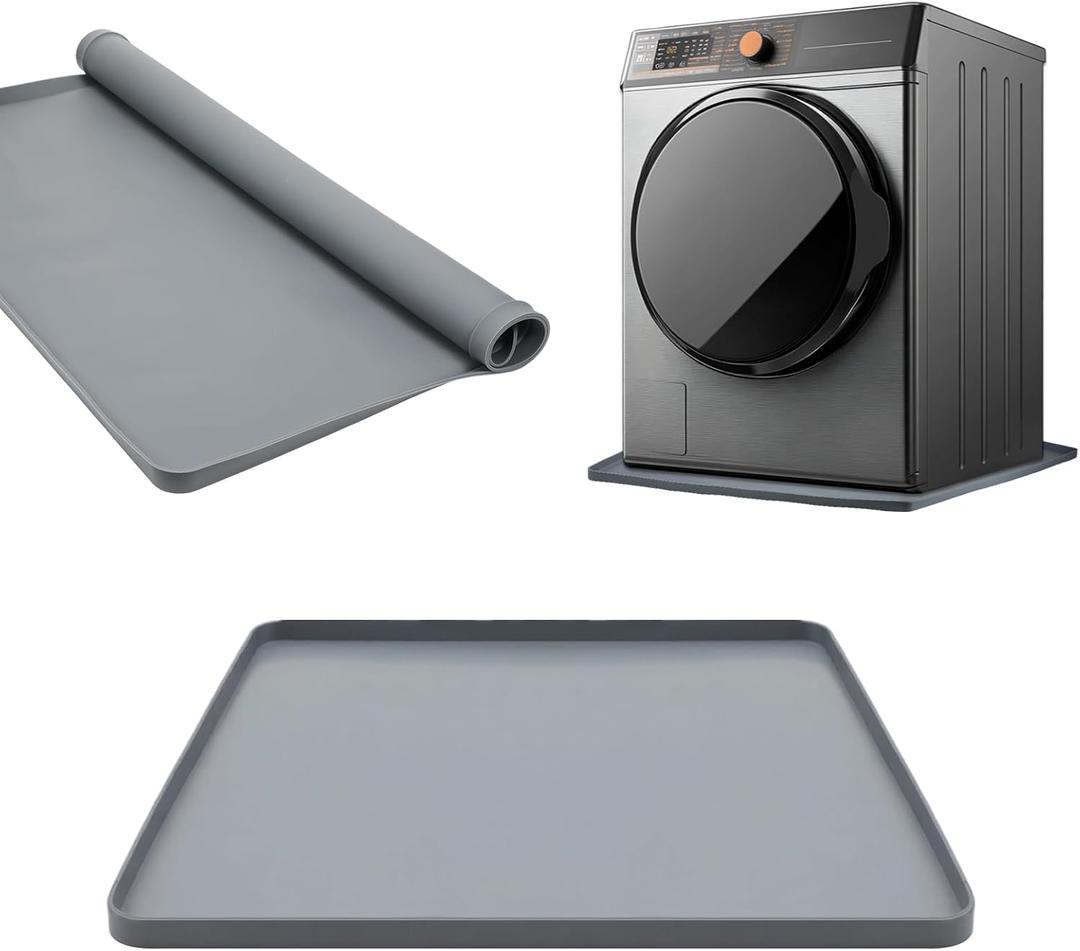 27" Washer Tray for Floor Protection Raised Edge Rubber Mat for Under Washing Machine Rubber Tray for Washer Drain Pan Under Refrigerator Drip Pans, Foldable Non Slip Waterproof, Grey