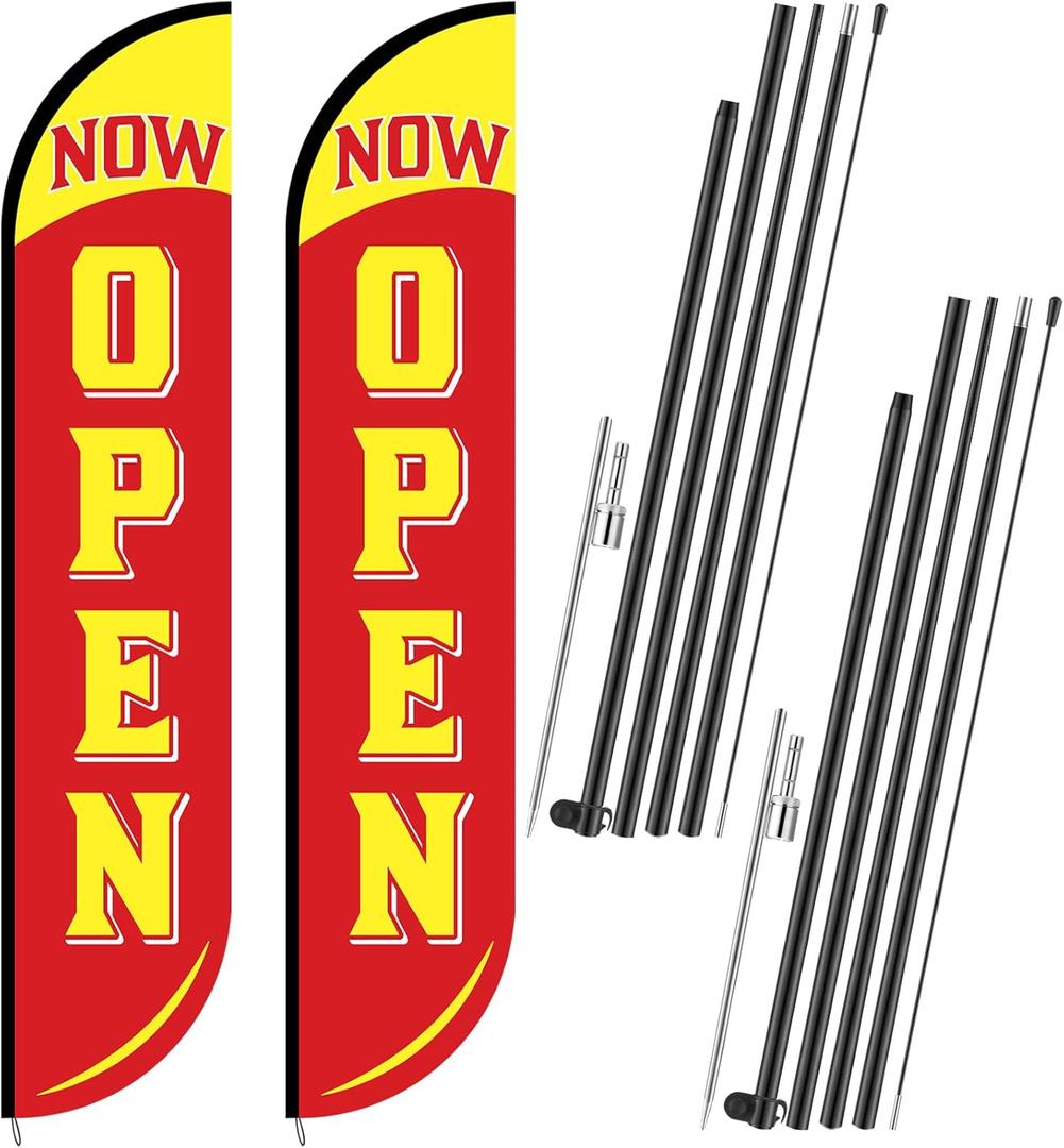 Preboun 2 Sets 12 ft Now Open Feather Flags Pole Kit for Business Advertising Feather Sign with Poles and Ground Spikes Open Flags Banner for Store Outside Signs(Red)