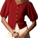 Saodimallsu Womens Puff Short Sleeve Cardigan Lightweight Summer Button Down Shirts Knit Crew Neck Sweater Tops M