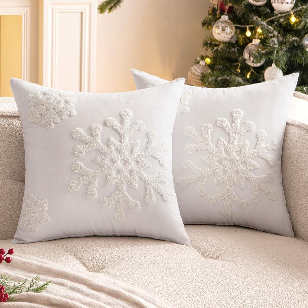 Woaboy Pack of 2 Christmas White Throw Pillow Covers Decorative Snowflake Embroidery Couch Pillows Canvas Cushion Cases Holiday Home Decor Soft Pillowcases for Sofa Bedroom Car 18x18 Inch