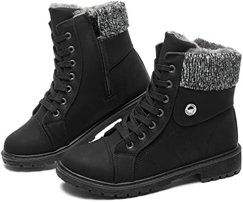 FRACORA Women's PU Leather Combat Boots Warm Fur Lined Black Ankle Booties Side Zipper White Boots Non-slip Winter Boots 39