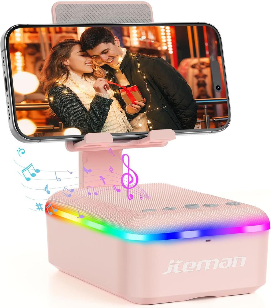 JTEMAN Gifts for Men Women,Cell Phone Stand with Bluetooth Speaker and LED Light,Cool Tech Gadgets,Unique Birthday Gifts for Men Husband Mom Dad-Pink