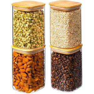 37oz 4PCS Glass Storage Containers with Lids, Glass Jars with Lids Pantry Food Storage Jars, Square Canister For Cookie, Nuts, Snack, Cereal, Candy, LeafTea, Coffee, Spice